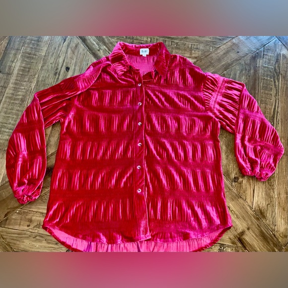 OVERSIZED Bibi Fuscia Velvet button down shirt with tiered shirring - size small - Picture 2 of 12